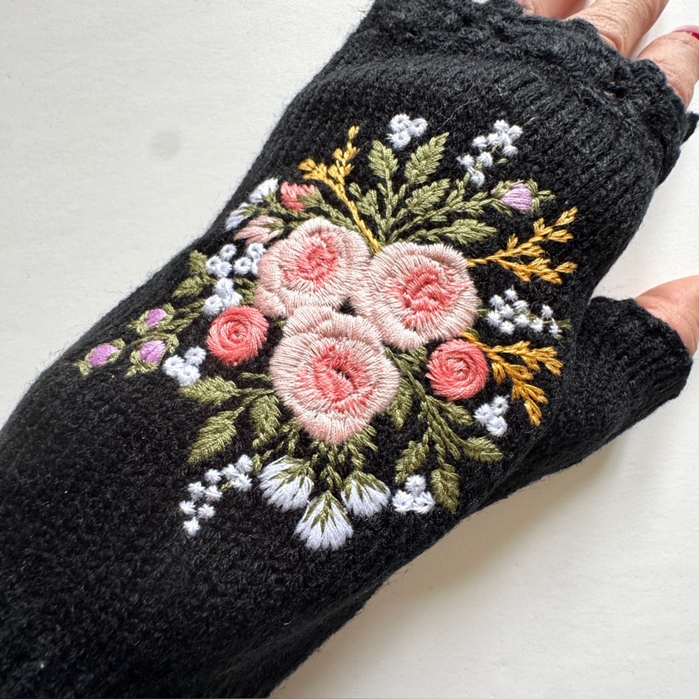 Black Mittens Fingerless Gloves with Pink Floral Design - Picture 7 of 8